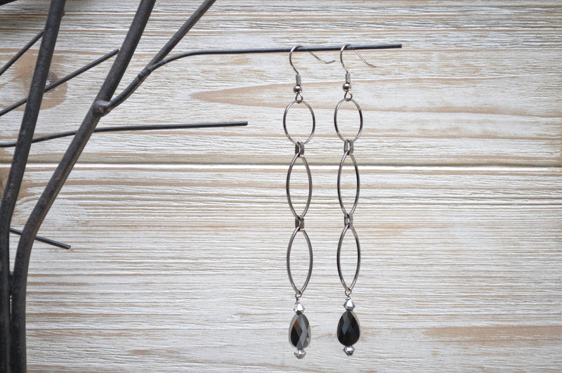 Silver Dark Crystal Teardrop Extra  Long Hoop Earrings - aNella Designs