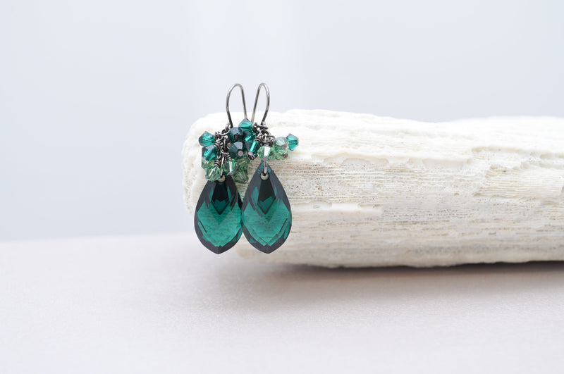 Emerald green teardrop pear shaped crystal earrings