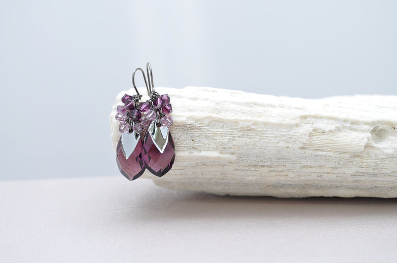 Amethyst purple teardrop chrome pear shaped crystal earrings - aNella Designs