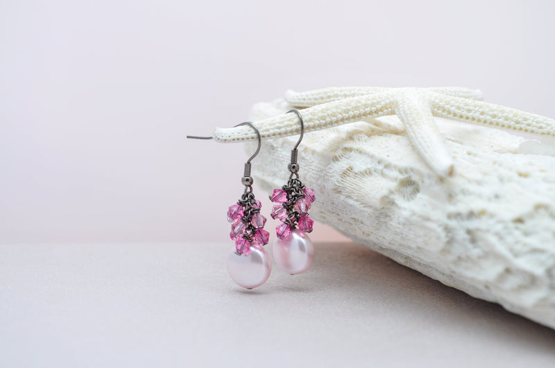 Rose pink blush pearl earring with crystals- aNella Designs