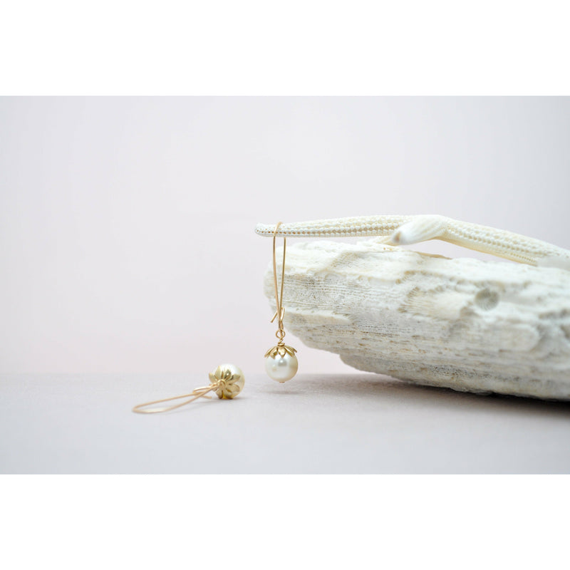 White pearl hoop earrings with gold flower - aNella Designs