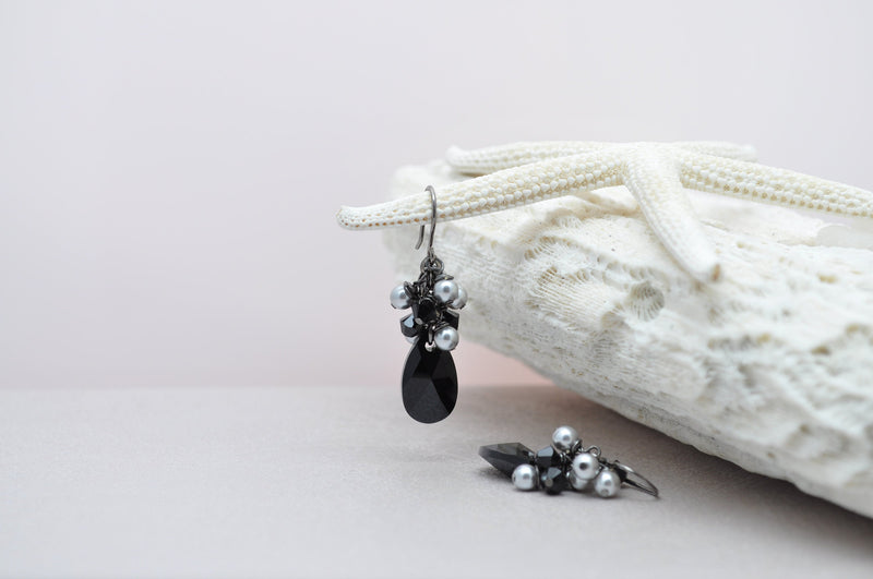 Black graphite teardrop earrings with silver pearls, graduation prom gift, pearl earrings, bridal party bridesmaid  jewelry - aNella Designs