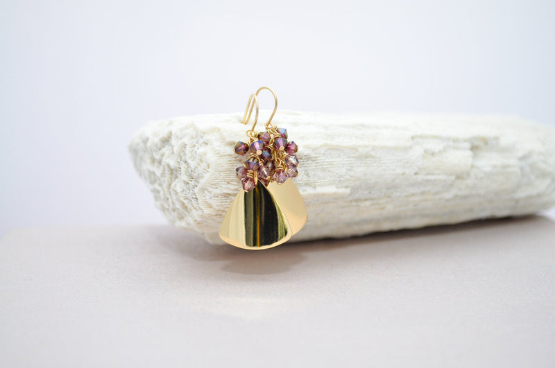 Gold curved fan earrings with amethyst crystals | Statement dangle chandelier geometric gold shield | elegant gold purple teardrops