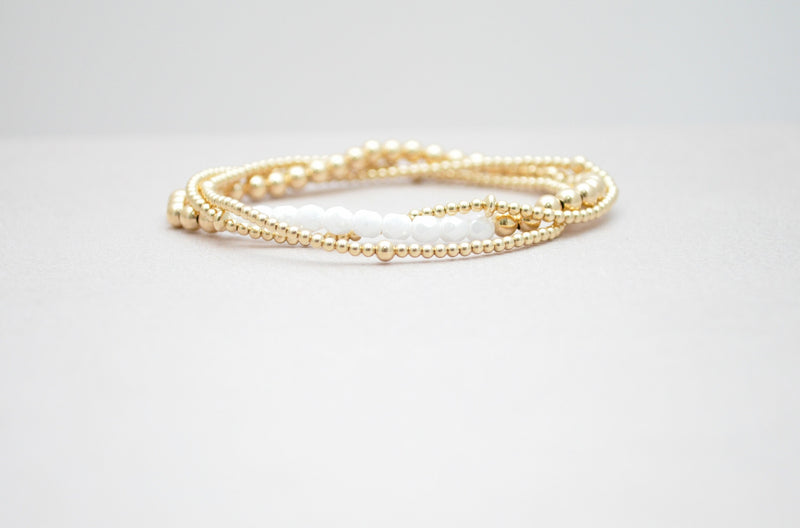 4mm and 2mm Gold Filled Stack Bracelet with White Fire Polished Beads | Friendship bracelet | Stackable elastic stretch