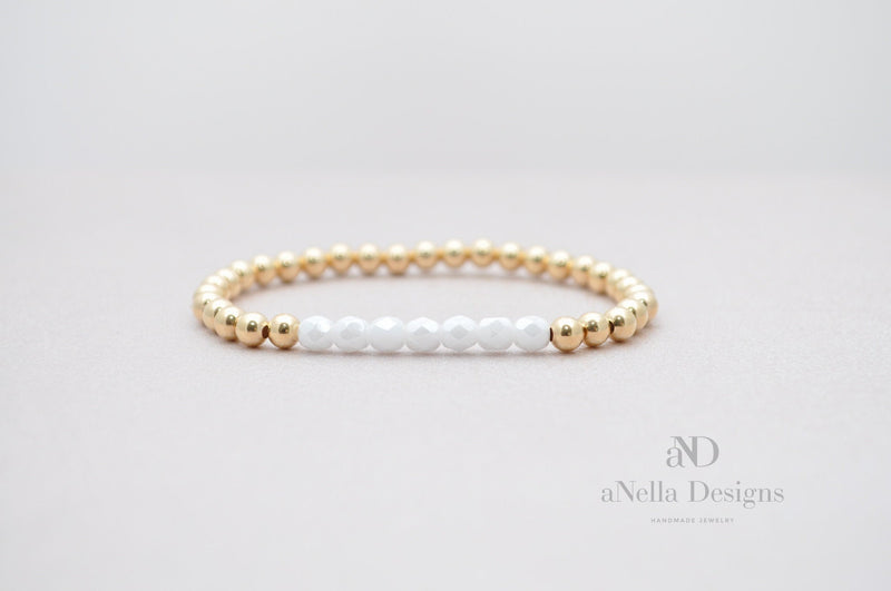4mm Gold Filled Bracelet with Opaque White Fire Polished Beads | Stretch stackable layering yellow gold bracelet | Roll on white bracelet