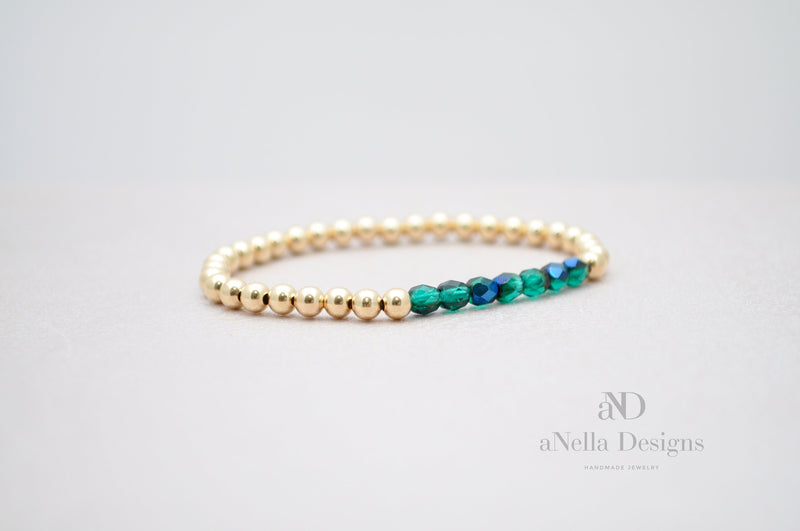 4mm Gold Filled Bracelet with Green Blue Fire Polished Beads | Stretch stackable layering yellow gold bracelet | Roll on green bracelet