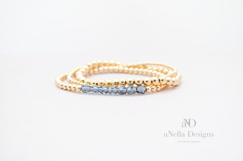3mm Gold Filled Bracelet with Dark blue Fire Polished Beads | Stretch stackable layering yellow gold bracelet | Roll on purple bracelet