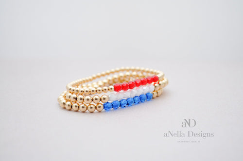 Gold filled bracelet set with red, white and blue beads | Stretch stackable layering gold bracelets | flag colors bracelet | American flag