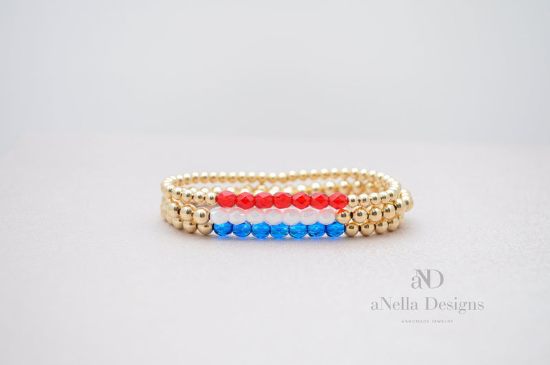 Gold filled bracelet set with red, white and blue beads | Stretch stackable layering gold bracelets | flag colors bracelet | American flag
