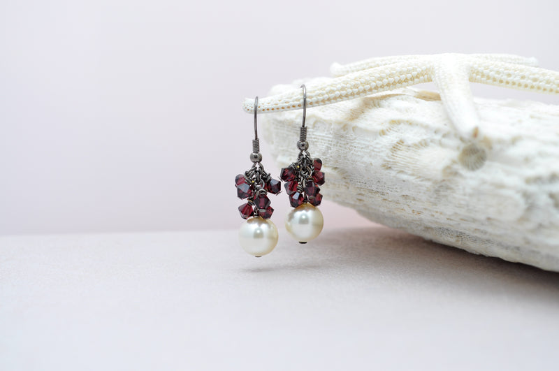 Ivory pearl earrings with burgundy Swarovski crystals