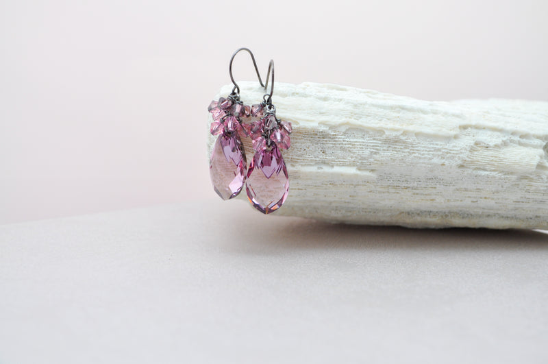 Rose pink teardrop shaped crystal earrings