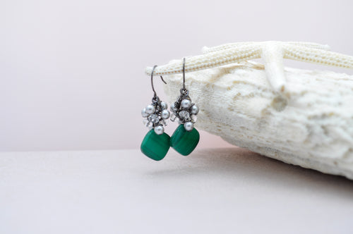 Green malachite diamond shape drop earring with crystals and pearls