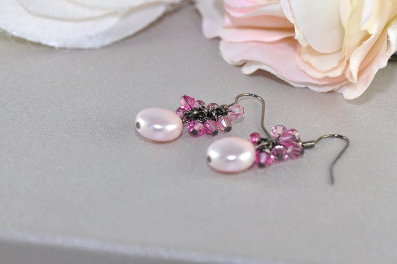 Rose pink blush pearl earring with two shades of pink crystals- aNella Designs
