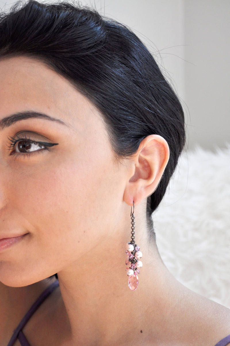 Light Rose Light Pink Bridesmaid Teardrop Pearl and Crystal Earring | long chandelier earrings - aNella Designs