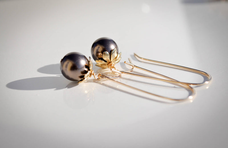 Drop pearl hoop earrings with gold flower cap | long dark brown pearl jewelry | gold plated earrings - aNella Designs