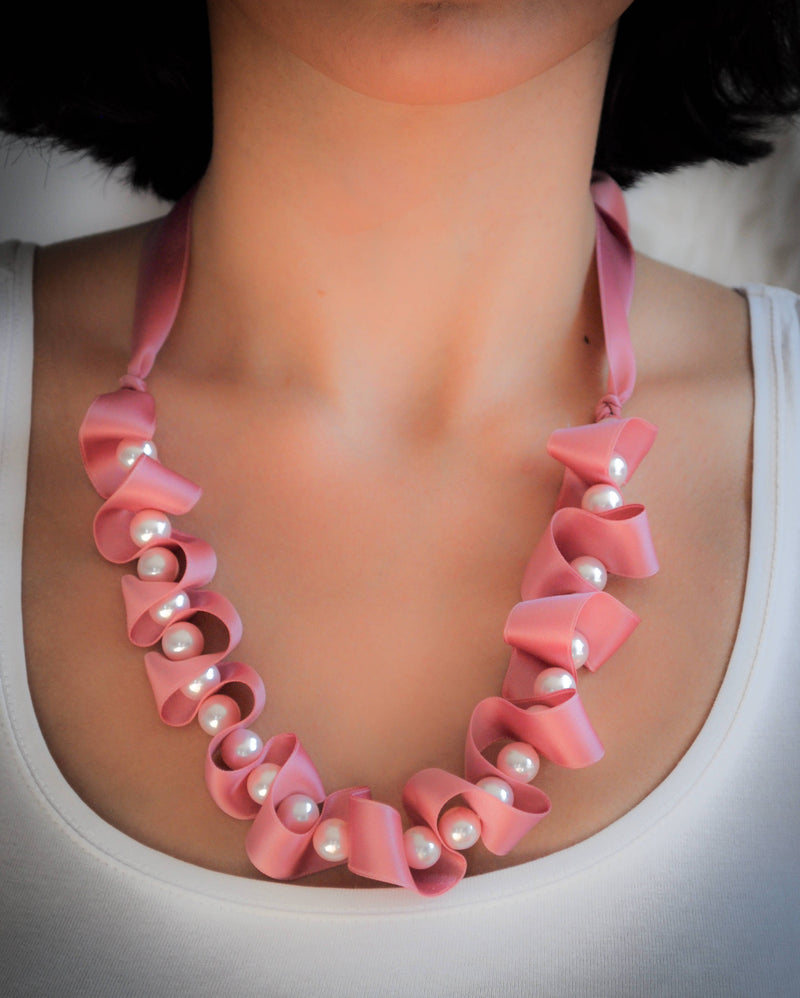 Rose pink pearl statement necklace, silk ribbon beaded necklace - aNella Designs