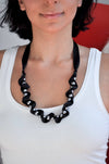 Black silk ribbon necklace with silver grey pearls