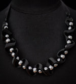 Black silk ribbon necklace with silver grey pearls