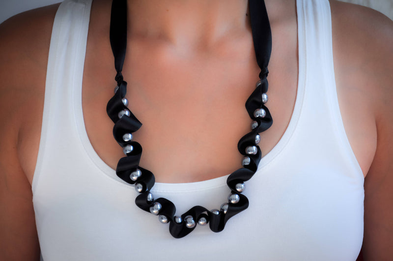 Black silk ribbon necklace with silver grey pearls | Statement jewelry | Elegant classic pearl necklace - aNella Designs