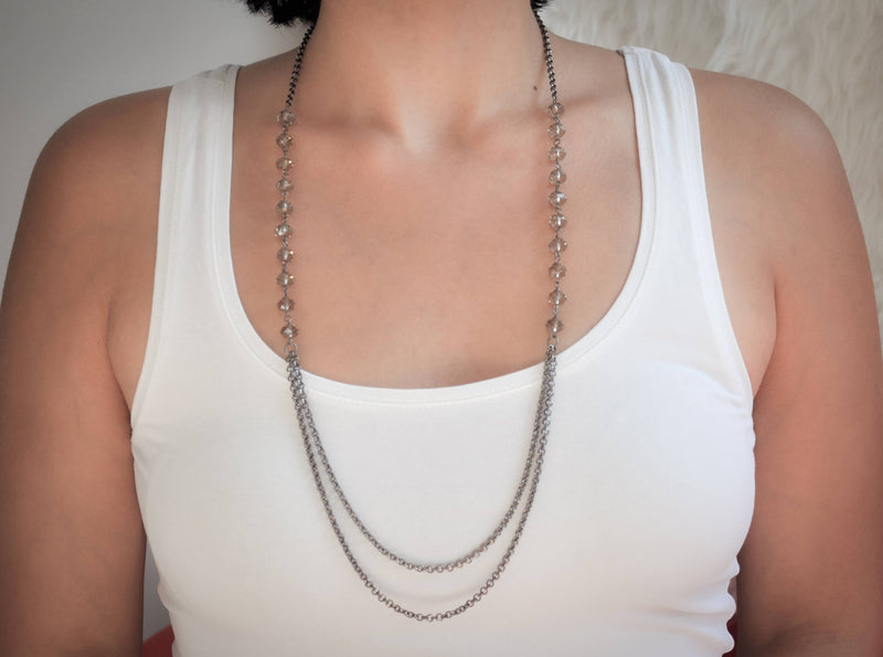 Layered chain necklace with   Grey crystals- aNella Designs
