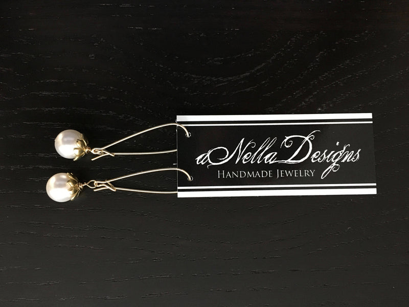 Drop pearl hoop earrings with gold flower cap | long dark brown pearl jewelry | gold plated earrings - aNella Designs