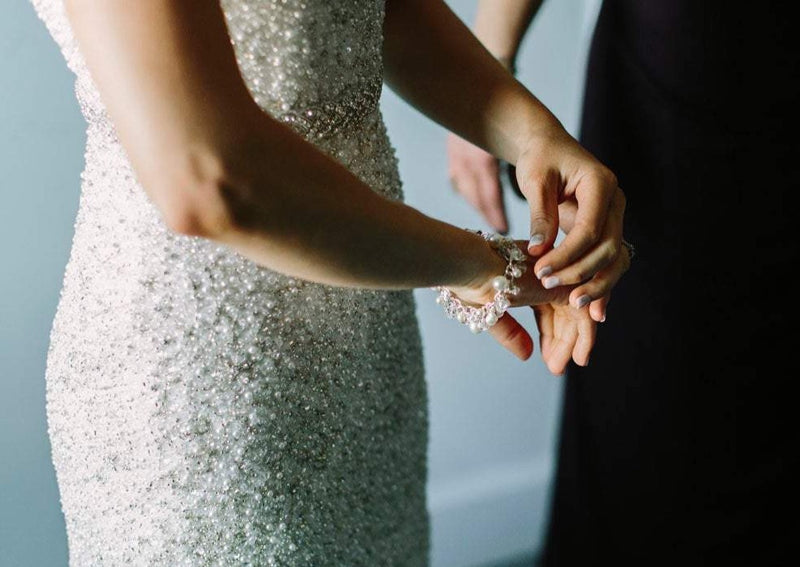 Bridal pearl bracelet with something blue. Wedding bracelet. - aNella Designs