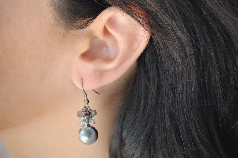 Dark grey silver pearl earring with shade of grey crystals - aNella Designs