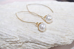 White pearl gold plated hoop earrings with gold flower |Elegant simple long dangle pearl jewelry - aNella Designs