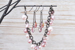 Bridesmaid rose pink pearl bracelet and earring set | Bridesmaid gift set | Pink pearl bracelet | Long drop earrings - aNella Designs