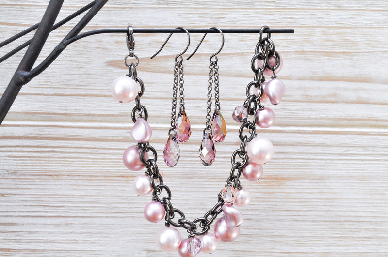 Bridesmaid rose pink pearl bracelet and crystal earring set