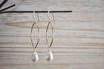 Bridal pearl teardrop oval gold or silver hoop earring
