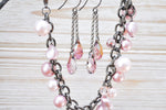 Bridesmaid rose pink pearl bracelet and crystal earring set