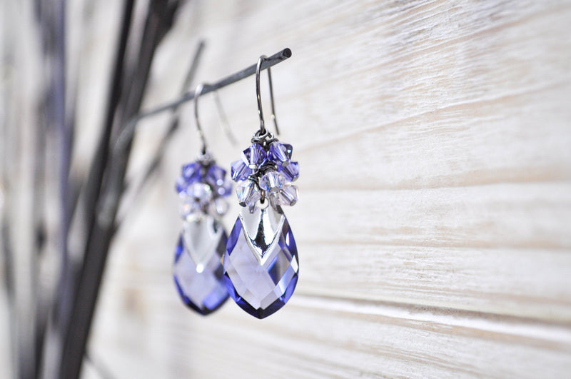 Blue Purple teardrop pear shaped crystal earrings with chrome finish - aNella Designs