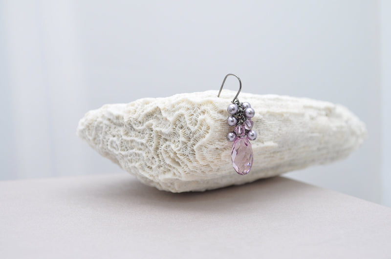 Light amethyst purple teardrop earring with lilac pearls - aNella Designs
