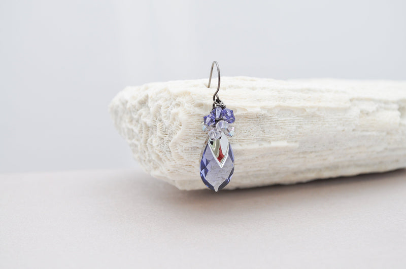 Blue Purple teardrop pear shaped crystal earrings with chrome finish - aNella Designs