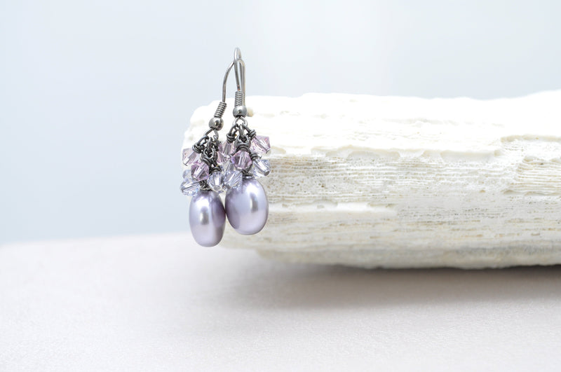 Mauve purple flat pearl earring with crystals - aNella Designs