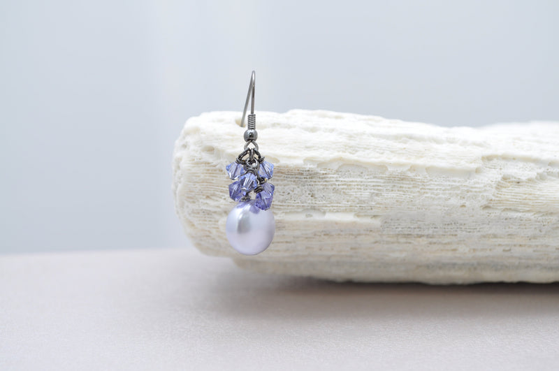 Lavender purple flat coin pearl earring with mixed crystals
