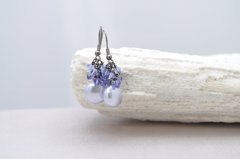 Lavender purple flat coin pearl earring with mixed crystals
