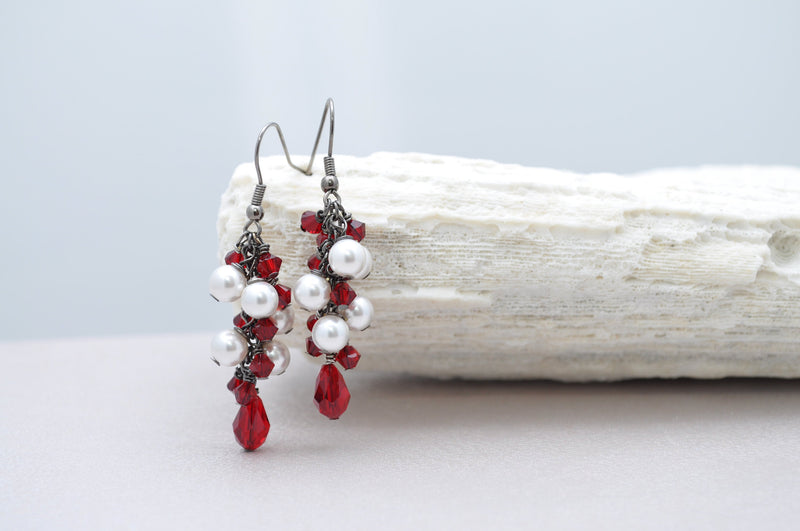 Ruby red delicate crystal earrings with white pearls - aNella Designs