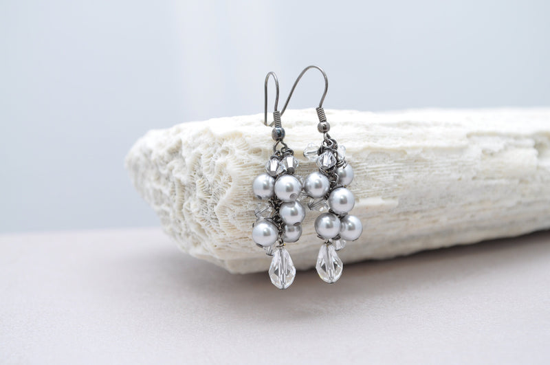 Crystal teardrop earrings with gray silver pearls | Fancy silver pearl earrings | Drop dangle teardrops - aNella Designs