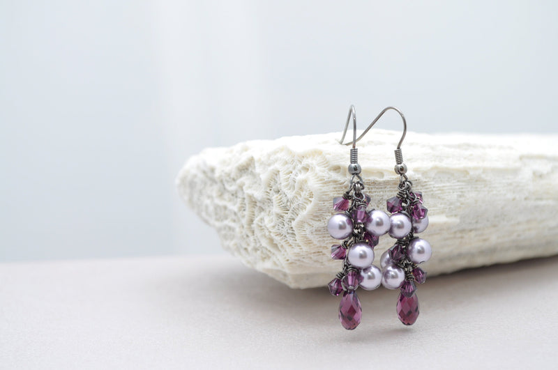 Amethyst purple crystal teardrop earring with pearls- aNella Designs
