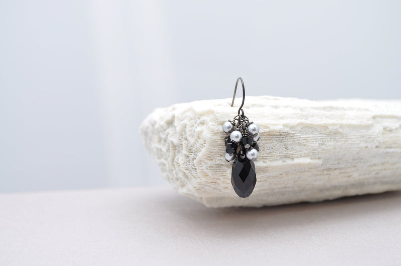 Black crystal teardrop earring with silver pearls- aNella Designs