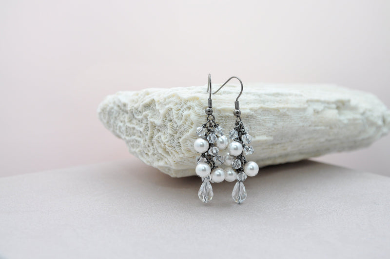 Bridal crystal teardrop earring with white pearls | Pearl drop earrings | Dangle drop elegant jewelry | Handmade earrings | aNella Designs