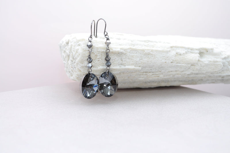 Black oval drop faceted earring - aNella Designs