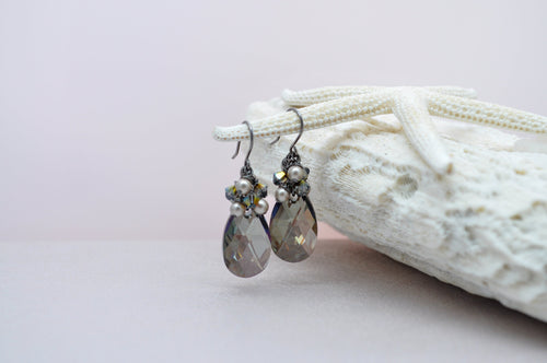 Iridescent deep green teardrop shaped crystal pearl earrings, chandelier dangle drop earrings, prom statement jewelry - aNella Designs