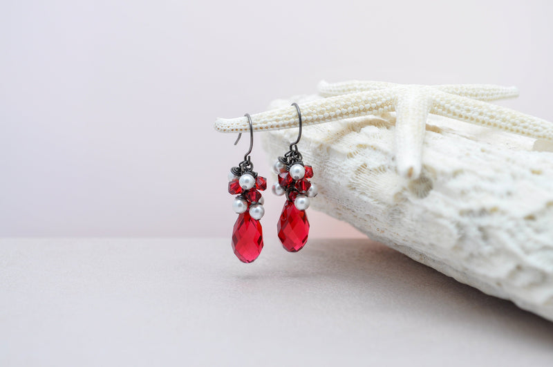 Scarlet red crystal teardrop earrings with white pearls - aNella Designs