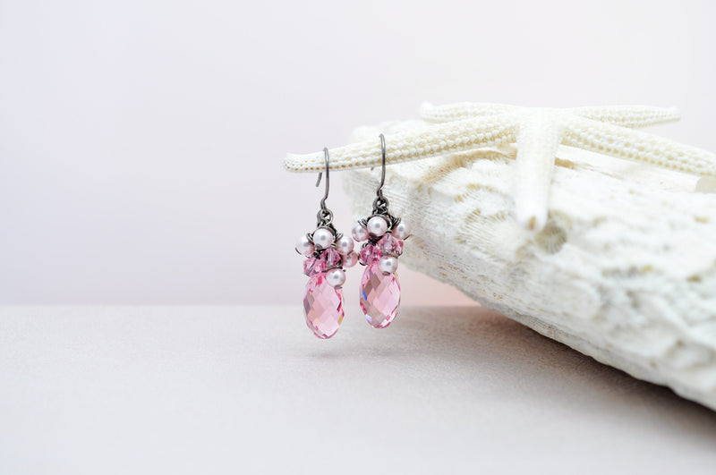 Light rose prnk pearl and crystal bridesmaid earring - aNella Designs