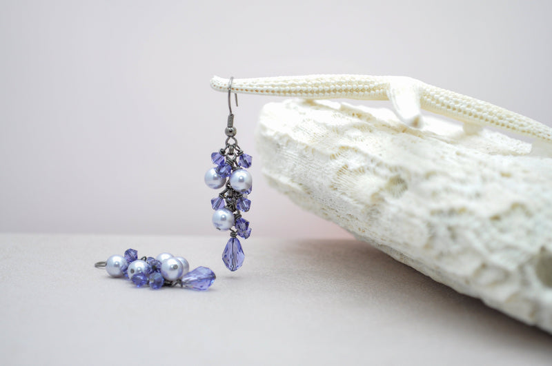 Bridesmaid gift Tanzanite purple teardrop earring with lavender pearls - aNella Designs