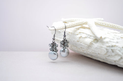 Light grey silver pearl earrings with a shade of grey crystals - aNella Designs