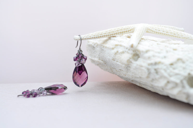 Purple amethyst teardrop pear shaped crystal earrings - aNella Designs